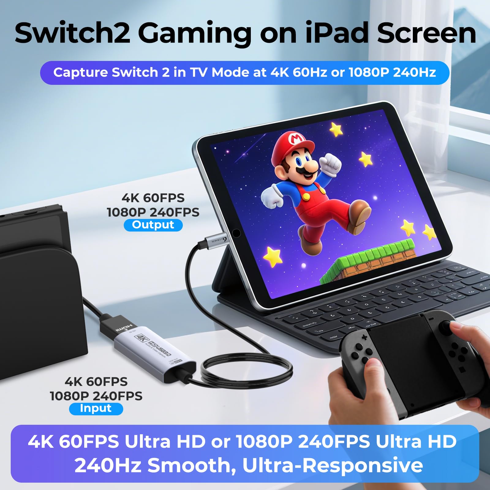 Guermok Carte de Capture Switch, Streaming et Enregistrement en 4K@60FPS, 1080P@240FPS, 1m, USB 3.0 HDMI vers USB-C, Compatible Pad, Switch 2/1, Quest 3, Mac, PC, OBS