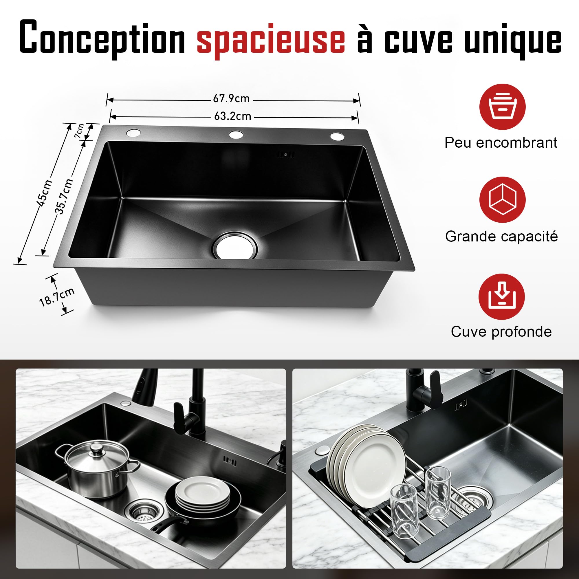 Yc Kitchen Évier Cuisine Noir en Acier Inoxydable -1 Bac 68 X 45 cm | Lavabo Cuisine Encastrable Avec Robinet et Egouttoir — Kit de Vidange