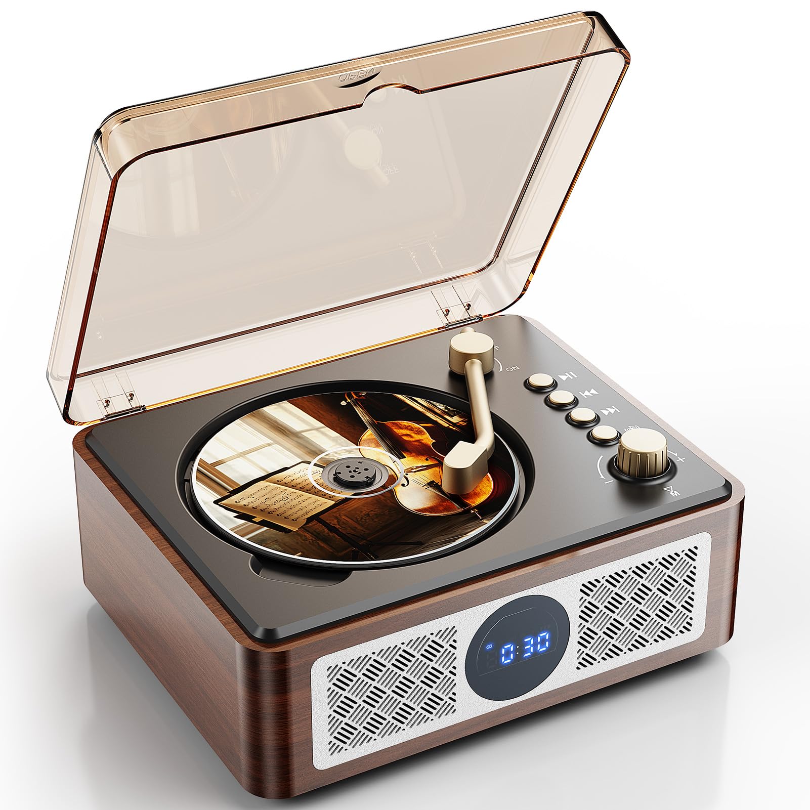 Bluetooth CD Player Tragbar mit Lautsprecher - Lehwey Retro CD-Player mit FM Radio, Stereo Sound, Unterstützt USB/AUX Wiedergabe, Vintage Desktop CD Spieler mit Fernbedienung, Staubschutz (Holz)