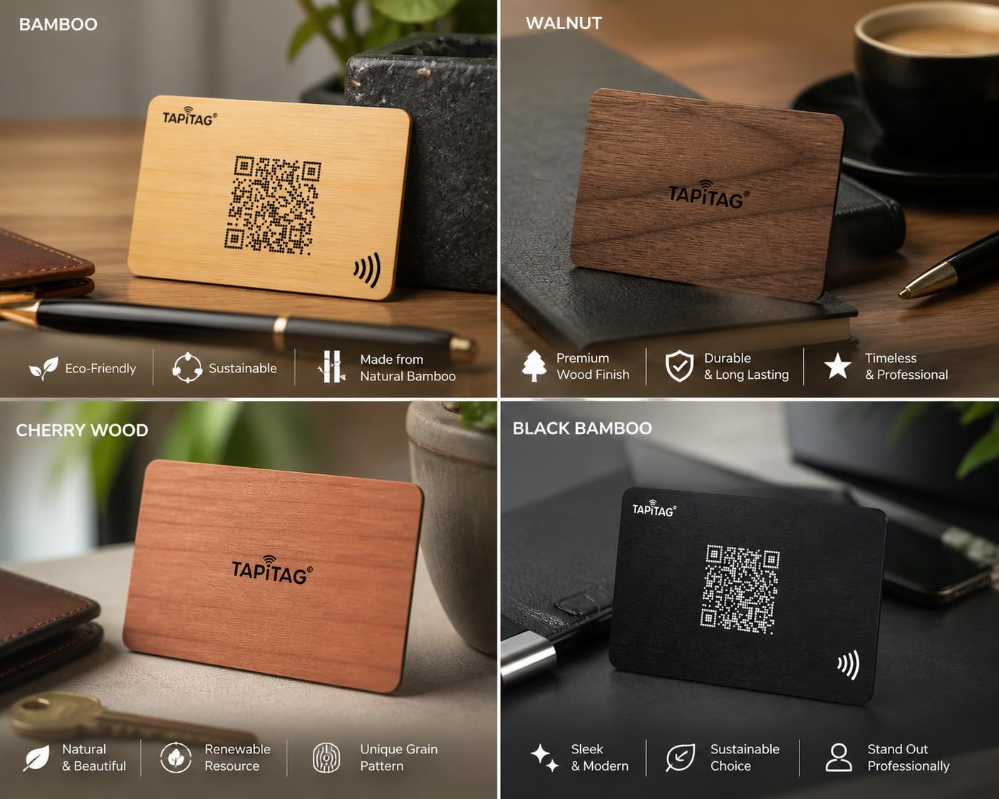 TAPiTAG Tarjeta de Visita Digital de Madera – Sin Suscripción – Tarjeta Contactless con NFC, Código QR y Perfil Online para Networking y Eventos Profesionales