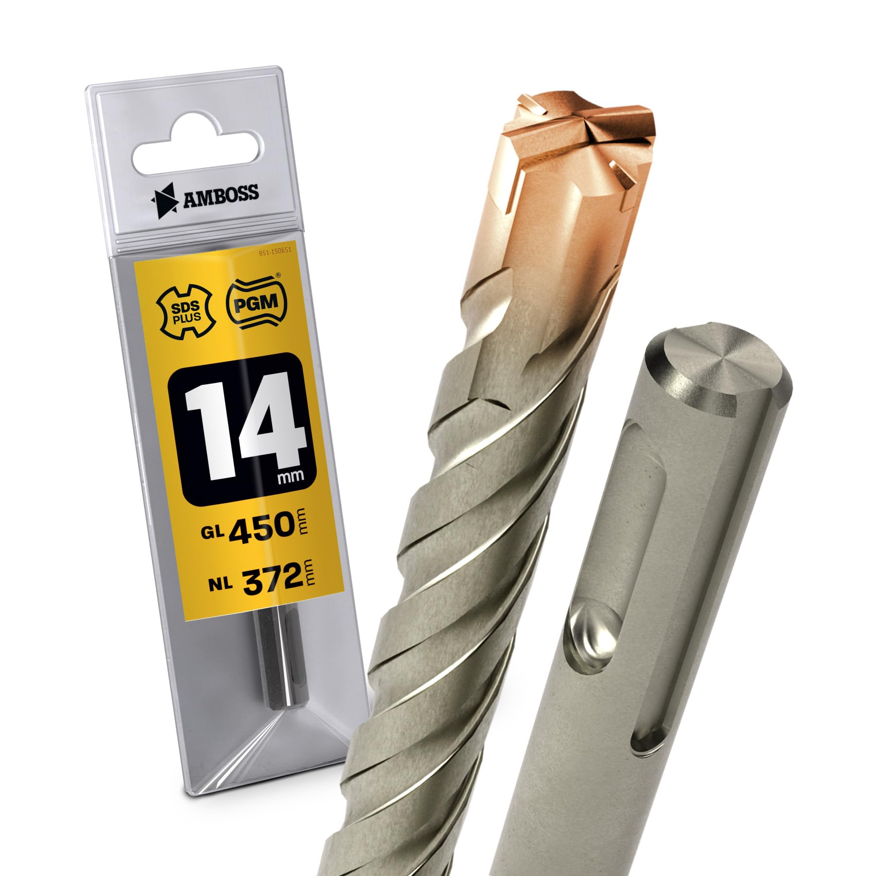 SDS Plus - Broca para martillo perforador, 4 unidades, PGM, diámetro 14,0 mm x 372 mm, herramientas AMBOSS SDS Crusher 4 - Broca HM para hormigón, carburo duro, broca profesional, 14,0 mm x 372, broca