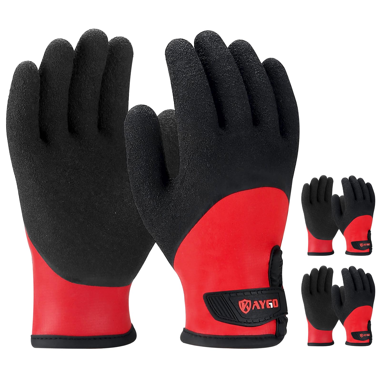KAYGO Waterproof Thermal Work Gloves 3 Pairs, Full Hand Latex Coated, Insulated Liner for Freezer Cold Weather Fishing Winter Outdoor Work, KG140 (Black Red, Medium)