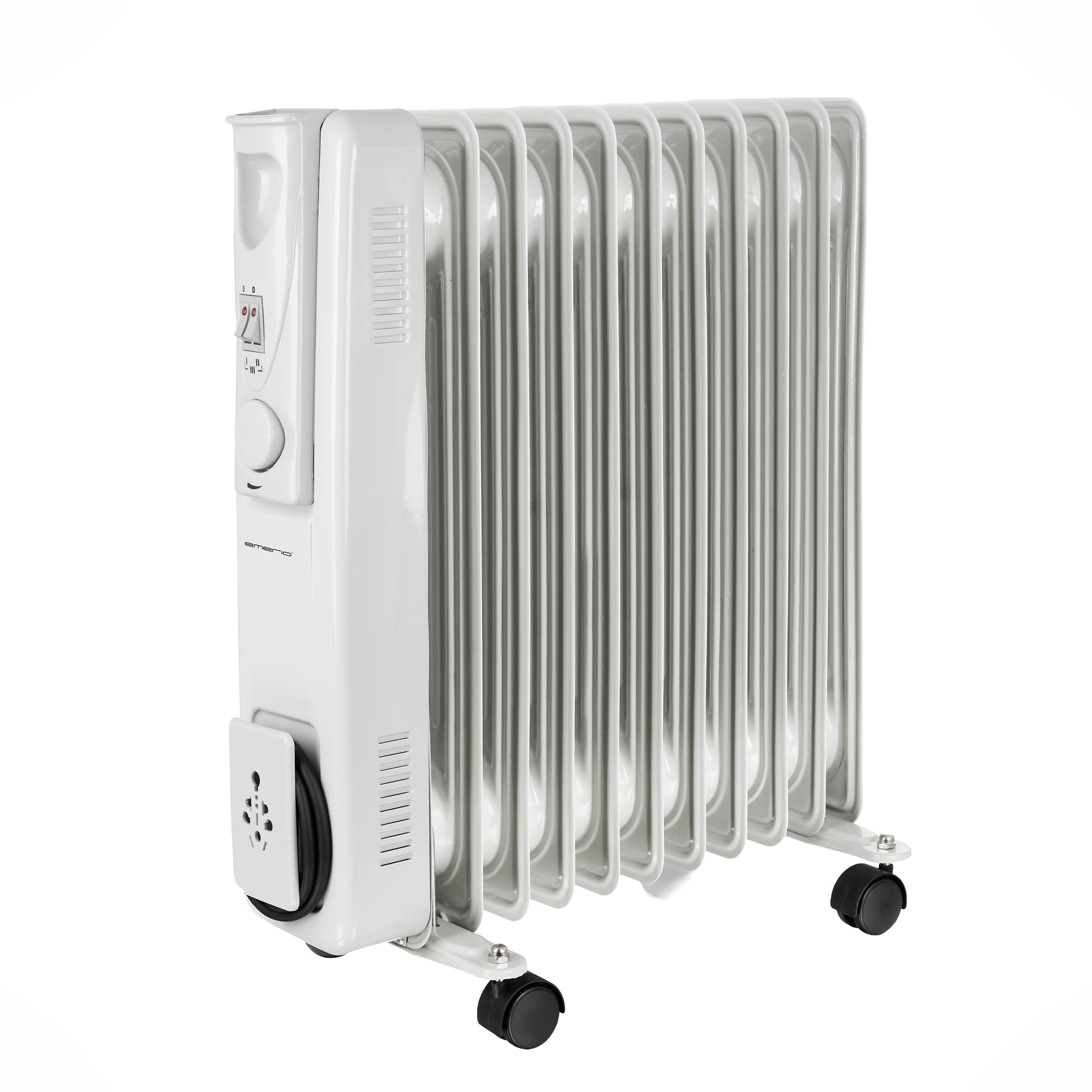 EMERIO HO-128422 Radiador de aceite para habitaciones de hasta 25 m², 2500 W, 11 costillas, 3 niveles de calor (1000/1500/2500 W), termostato con estanterías, ruedas de funcionamiento suave