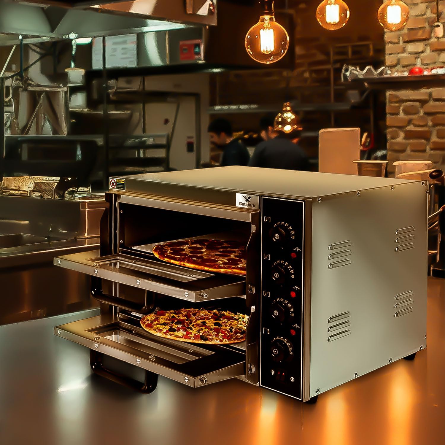 GUTSTARK 2-Level Electric Pizza Oven with two pizzas inside