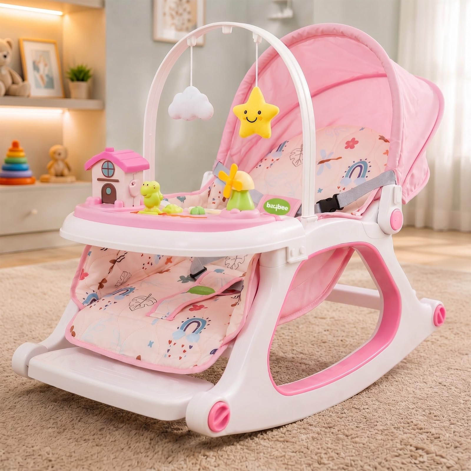 Baybee 3 in 1 Baby Rocker & Feeding Chair | Soothing Rocking Motion with Adjustable Recline, Removable Food & Toy Tray, Safety Harness | Baby Rocker for 0 to 3 Years (Pink)-picture-31