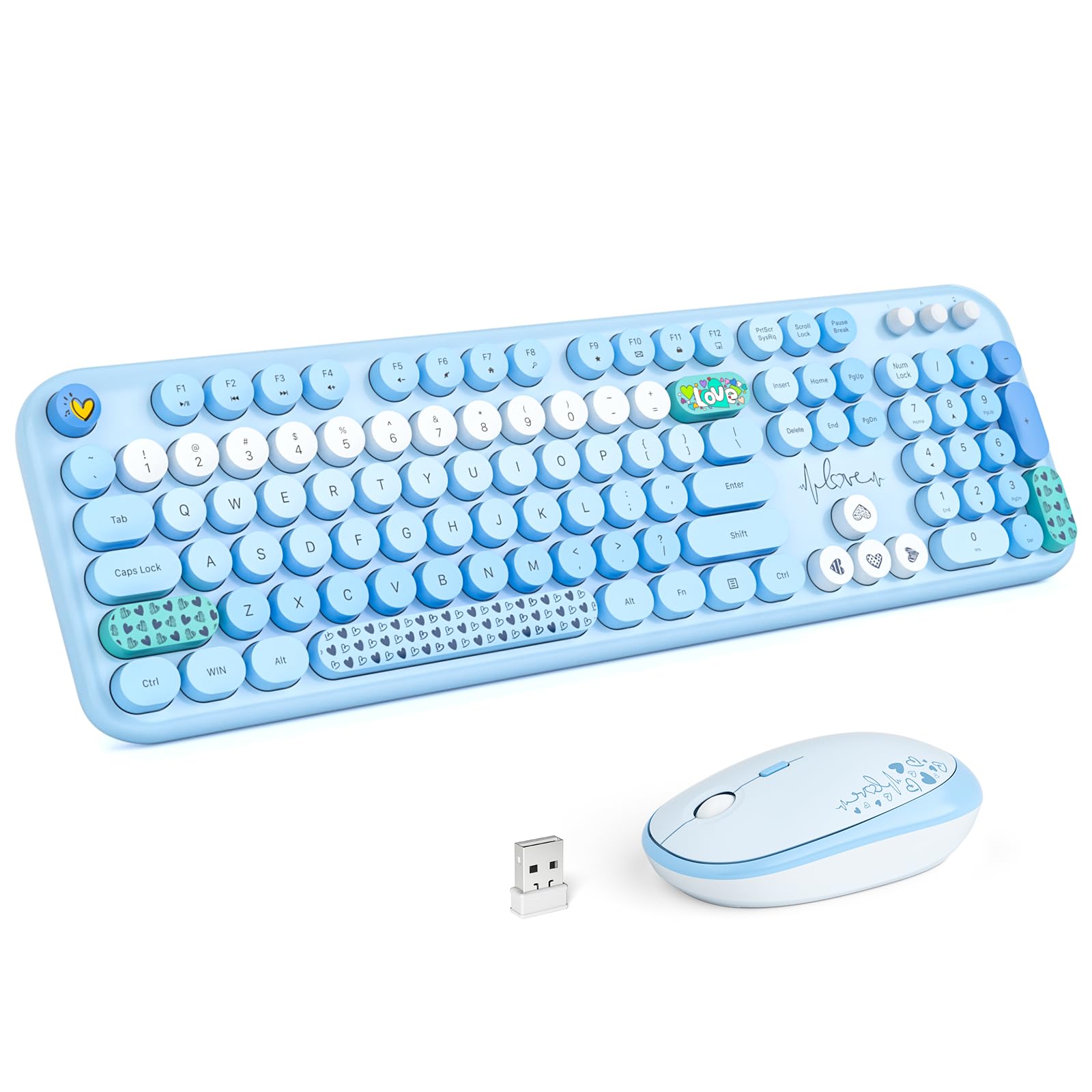 Wireless Keyboard and Mouse Combo MOWUX Full Size Typewriter Retro Round Computer Keyboard Cute Optical Mouse Wireless Plug