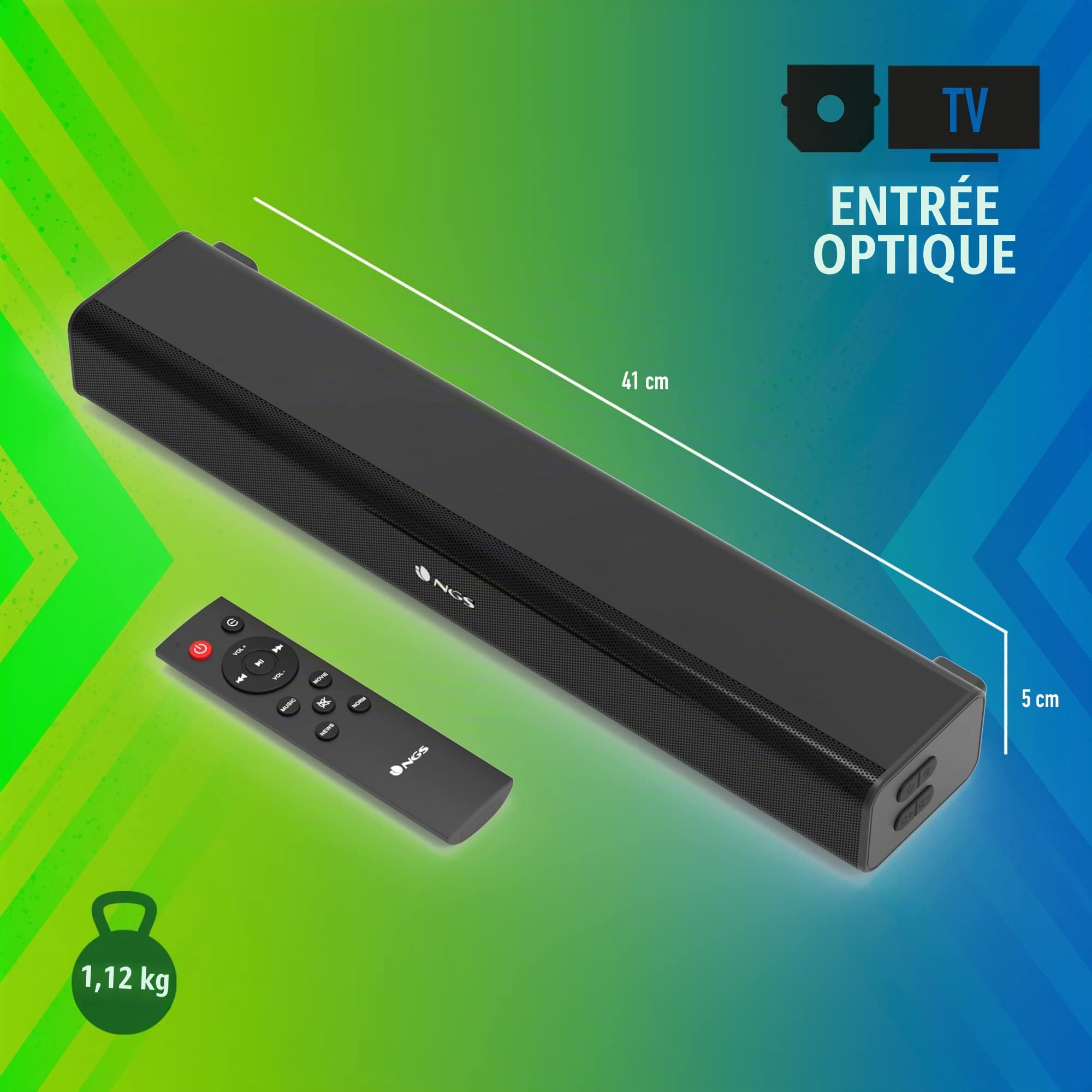 NGS Subway - Barre de Son TV, Soundbar avec Puissance de Sortie 40W, Compatible avec la Technologie Bluetooth 5.0, Entrée Optical-USB-AUX in, Télécommande