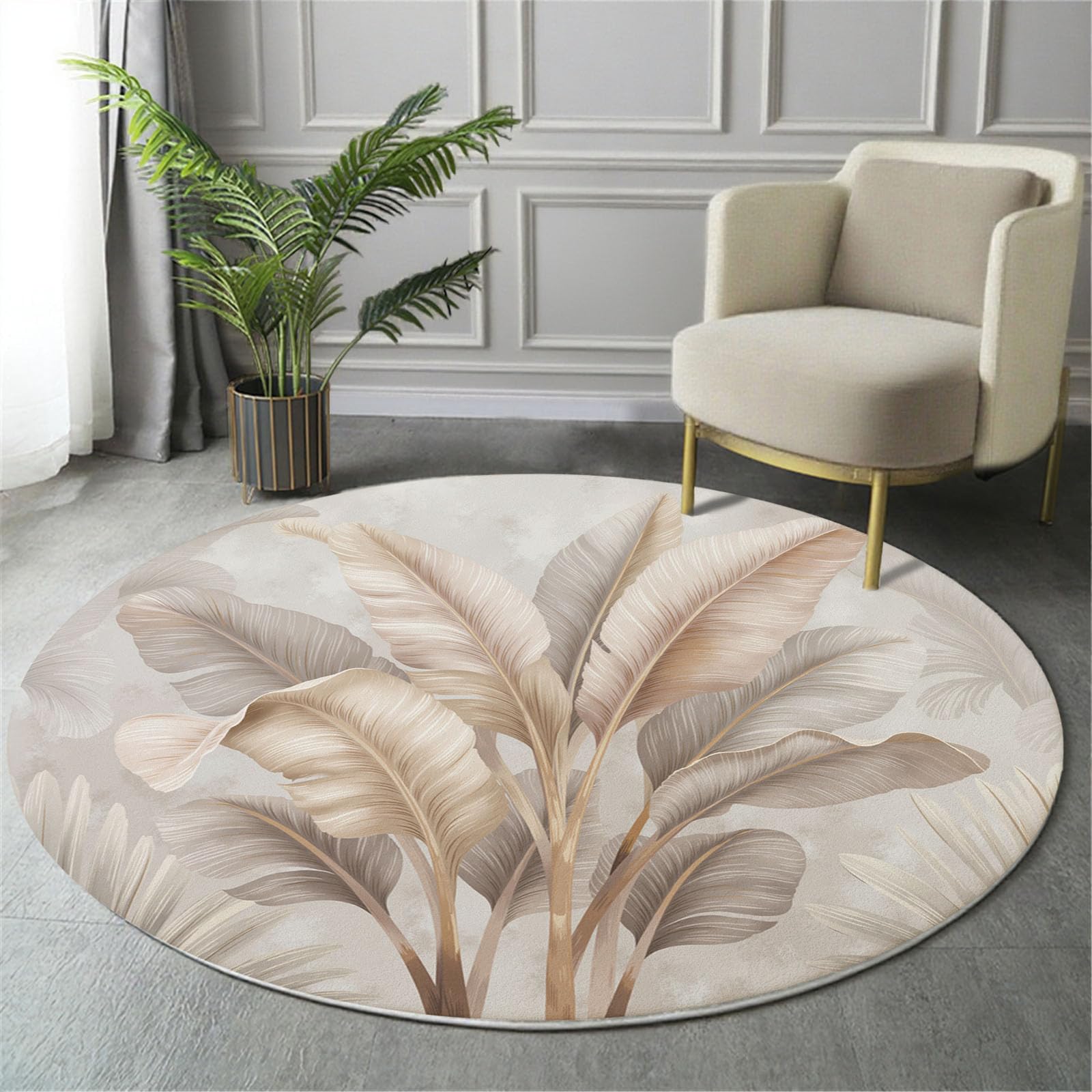 Tapis chambre pile courte beige 100cm motif plante tropicale pour tapis de jeu