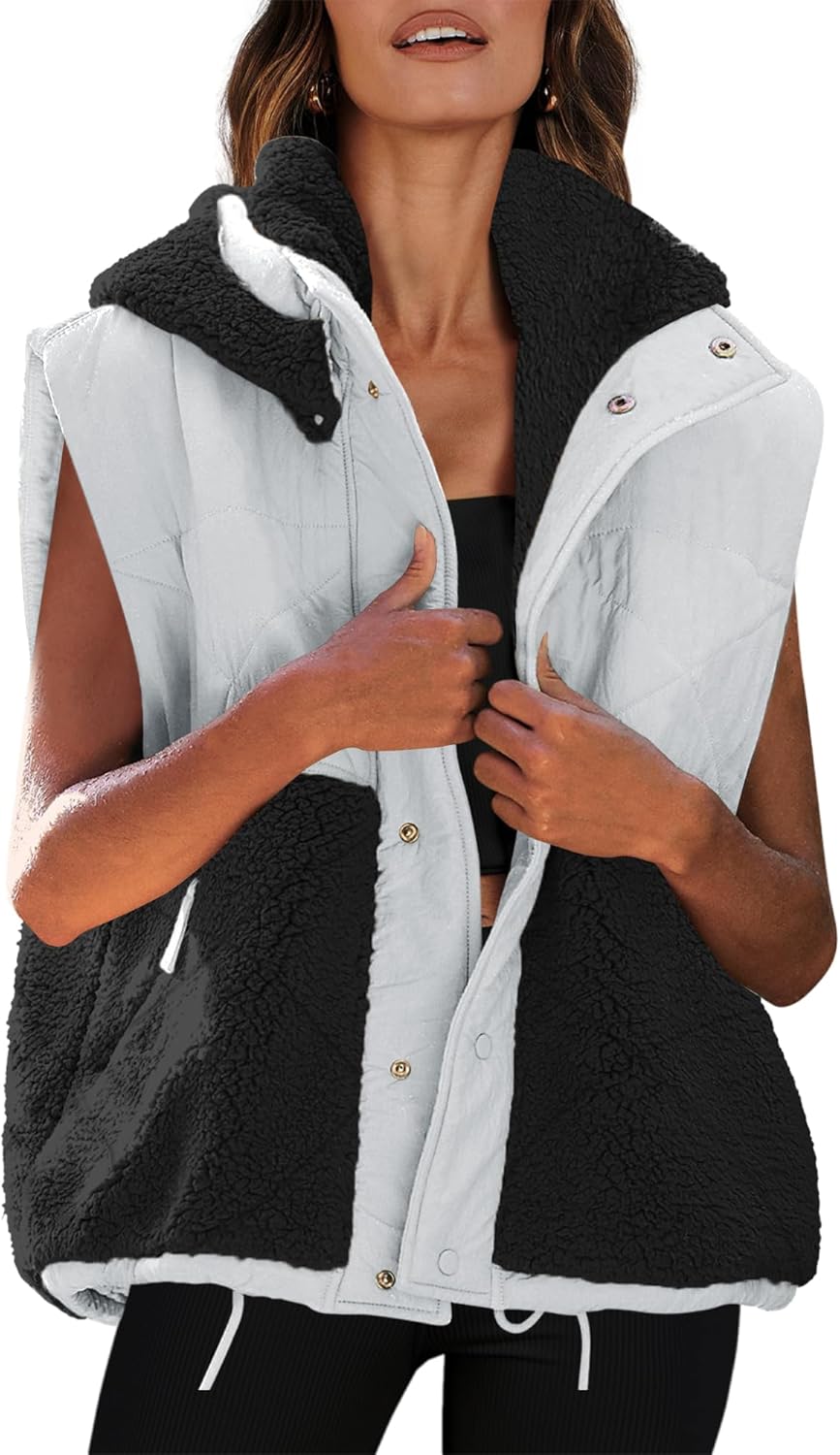 Nirovien Womens Sherpa Vest Oversized Fleece Vest Color Block Quilted Vest Button Down Padded Outwear with Pockets