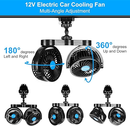 Miniatura 3 de Ventiladores de clip de coche de 12 V, ventilador de clip de doble cabeza ajustable Ventilador de aire giratorio de 360°, ventiladores eléctricos de