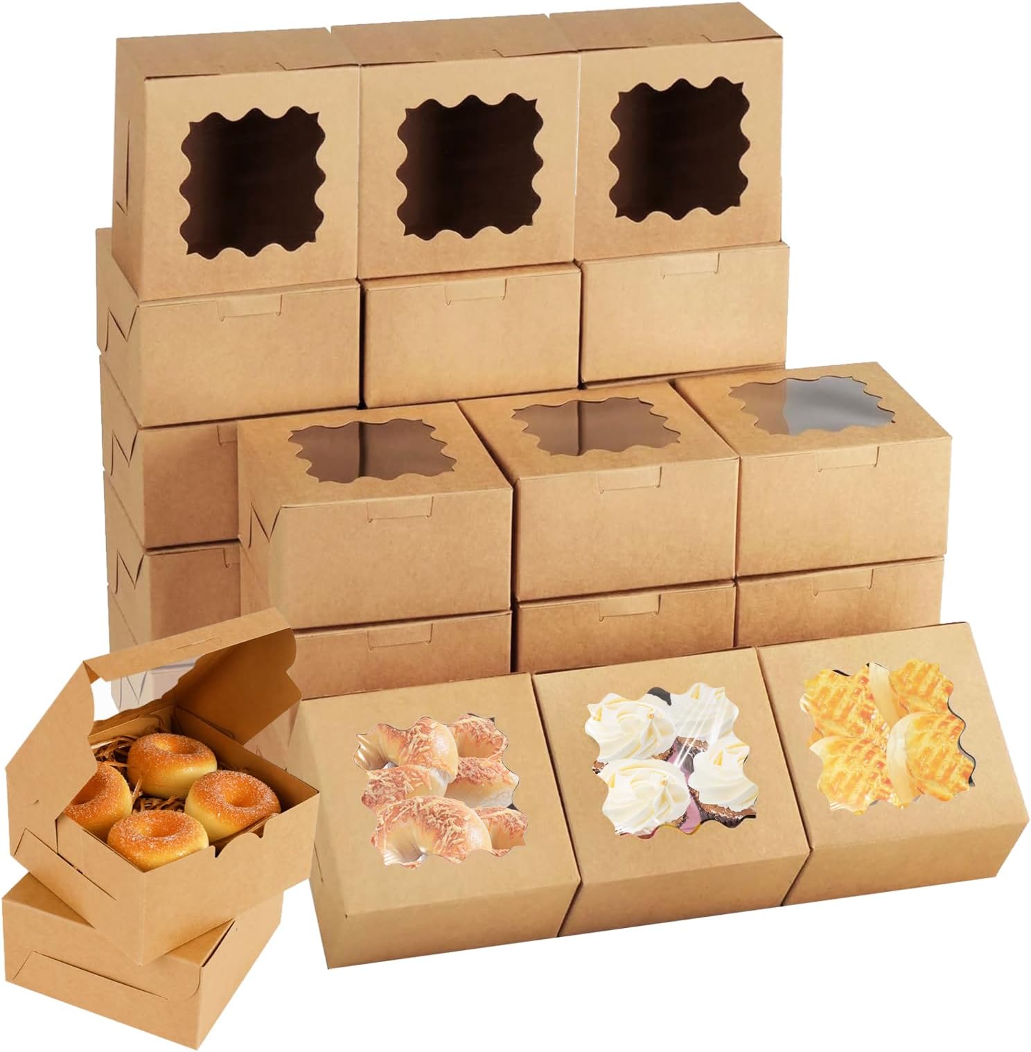 100 Pack 6 x 6 x 3 Inches Bakery Boxes with Window, Brown Individual Cupcake Cookie Boxes, Kraft Paper Pastry Box for Pastries, Cookies, Pie, Donuts, Macaroon