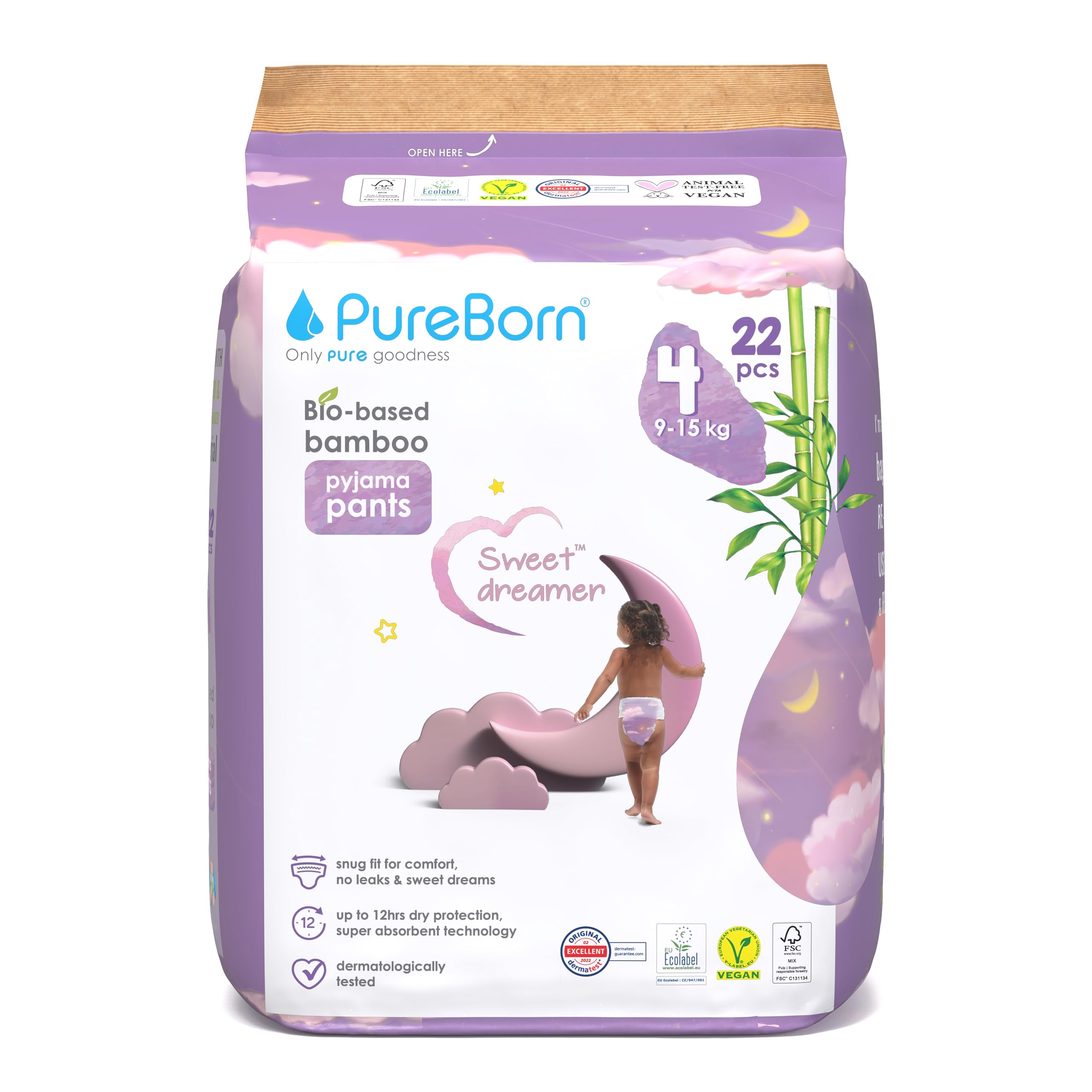 PureBorn Sweet Dreamer Pañales Braguitas de Noche, Talla 4 (9-15 kg), 22 Pañales, Protección Contra Fugas Durante la Noche, Absorción Extra, Confort en Seco, Indicador de Humedad