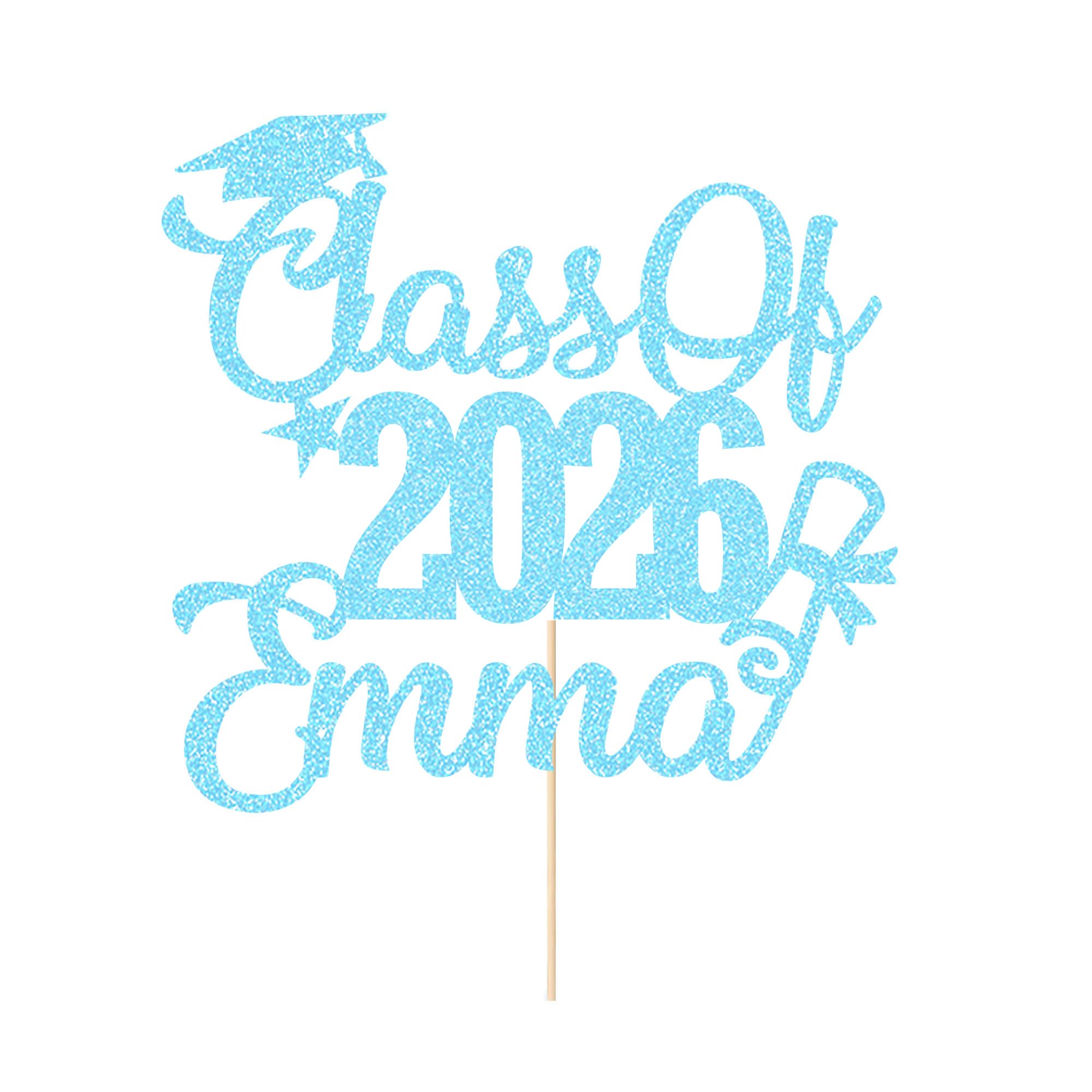 Personalised Cake Topper Custom Congrats Graduation Hat Student Class of 2026 Double Sided Glitter Card Baby Blue