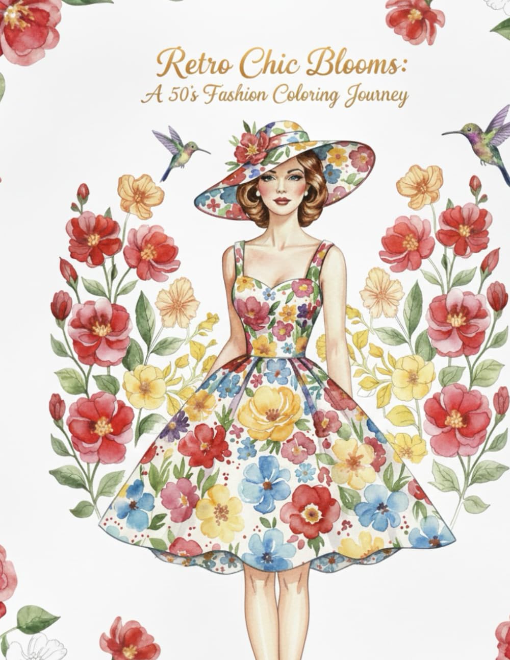Retro Chic Blooms: A 50's Fashion Coloring Journey