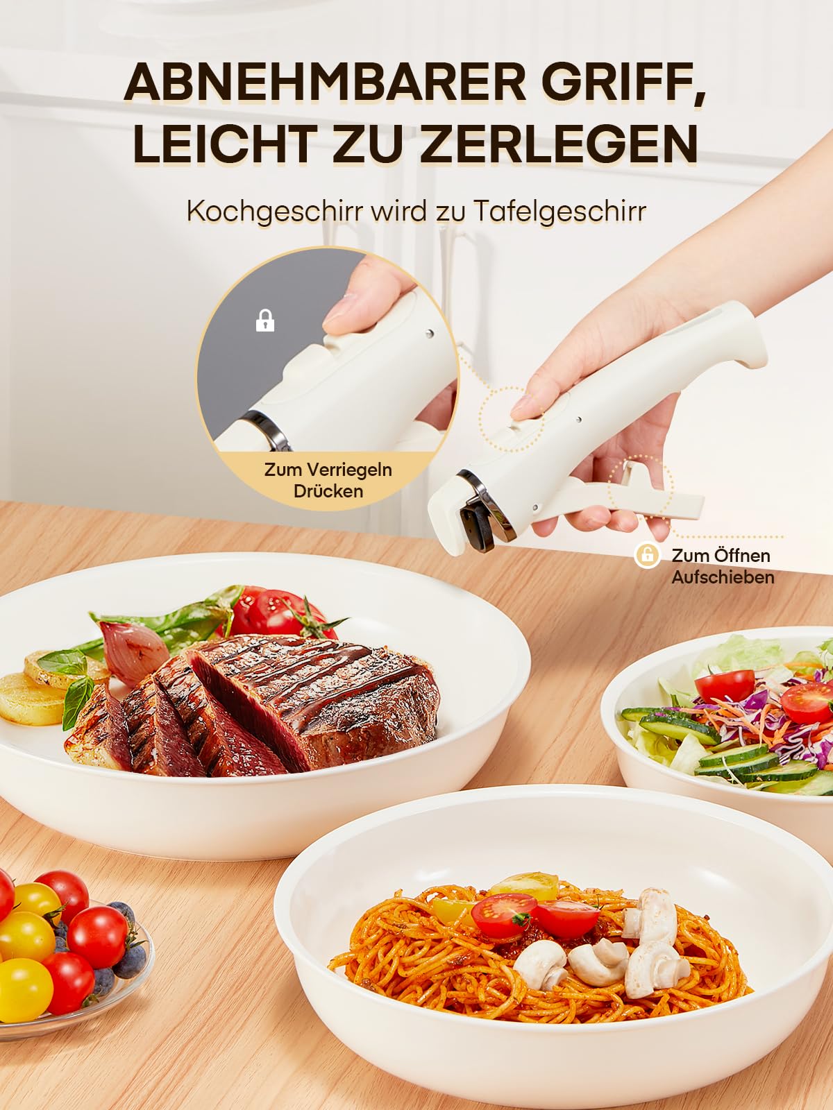 FOHERE Pfanne Induktion, 3-Teiliges Pfannenset Induktion mit abnehmbarem Griff, Bratpfanne 28/24/20 CM für alle Herdarten, Ceramic Antihaftbeschichtung Pfanne, Backofenfest, Spülmaschinenfest, Beige