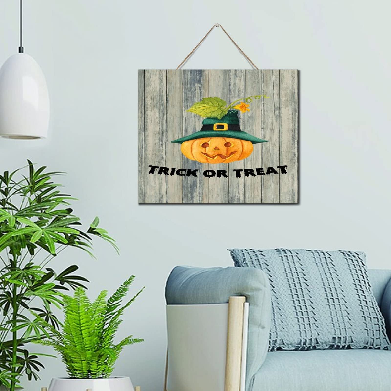 Panneau Trick or Treat citrouille deco Halloween interieur bois suspendre 25x30cm