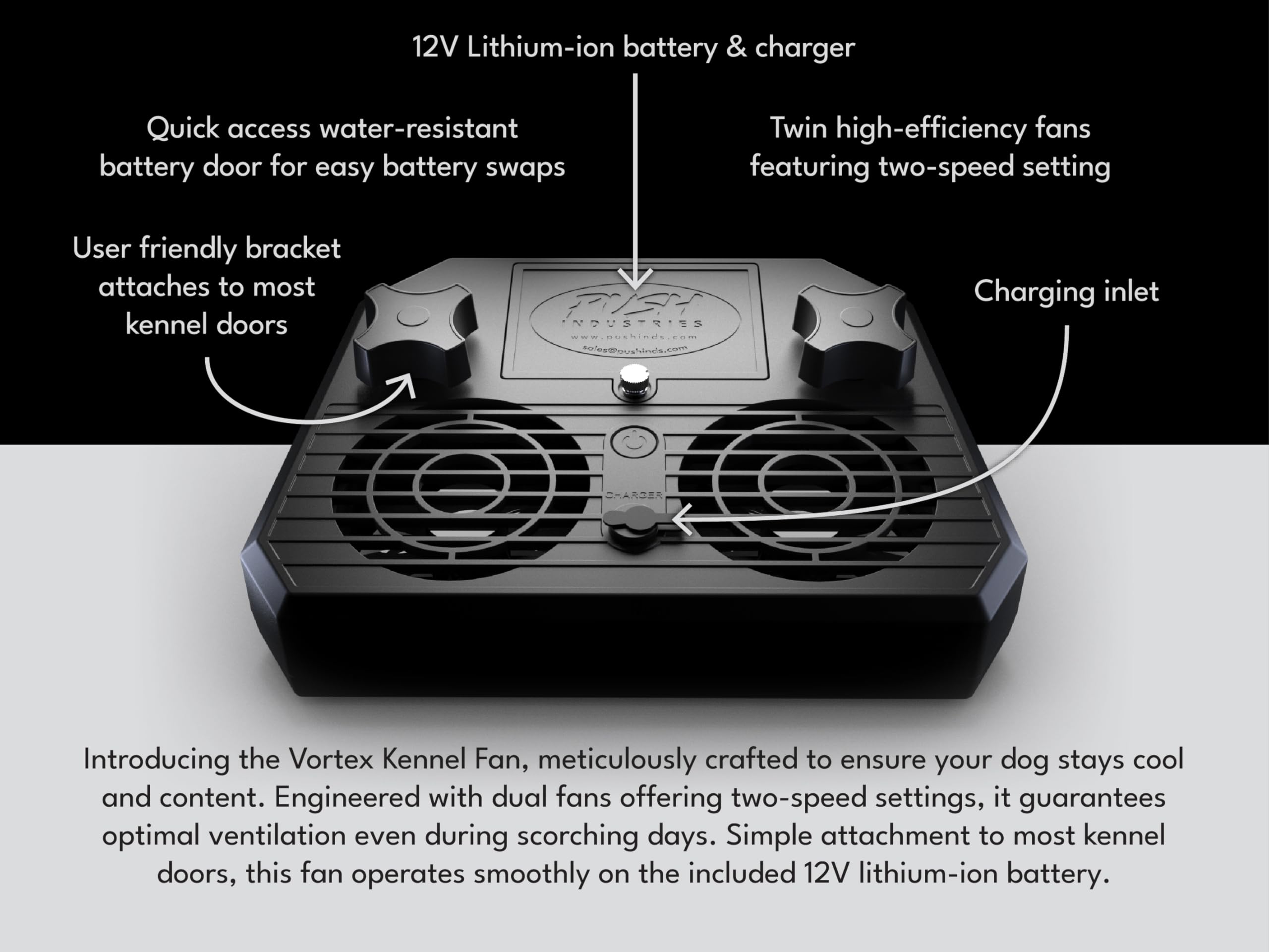 Push Industries 901.901 Vortex Kennel & Crate Fan Powered by 120V or Inc. Rechargable Battery - Multi Speed (Each)