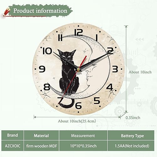 Miniatura 2 de Relojes de pared, gato negro de 10 pulgadas, reloj de pared pequeño con pilas de luna, decorativo para cocina, sala de estar, dormitorio, baño,