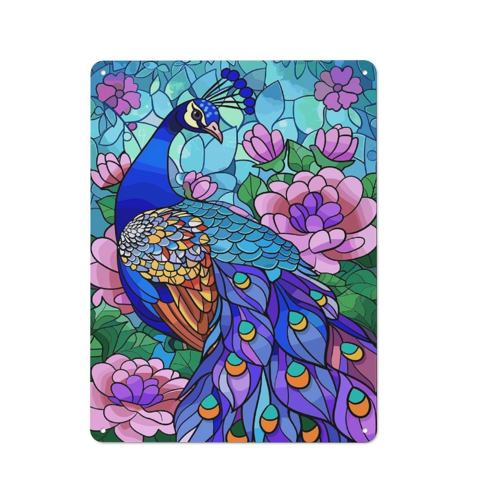 Junmoney Style-22 40X30cm Retro Metal Sign With Stained Glass Peacock With Flowers For Living Room Or Hallway, For Living Room Decor Lovers Refreshing A Room In Autumn