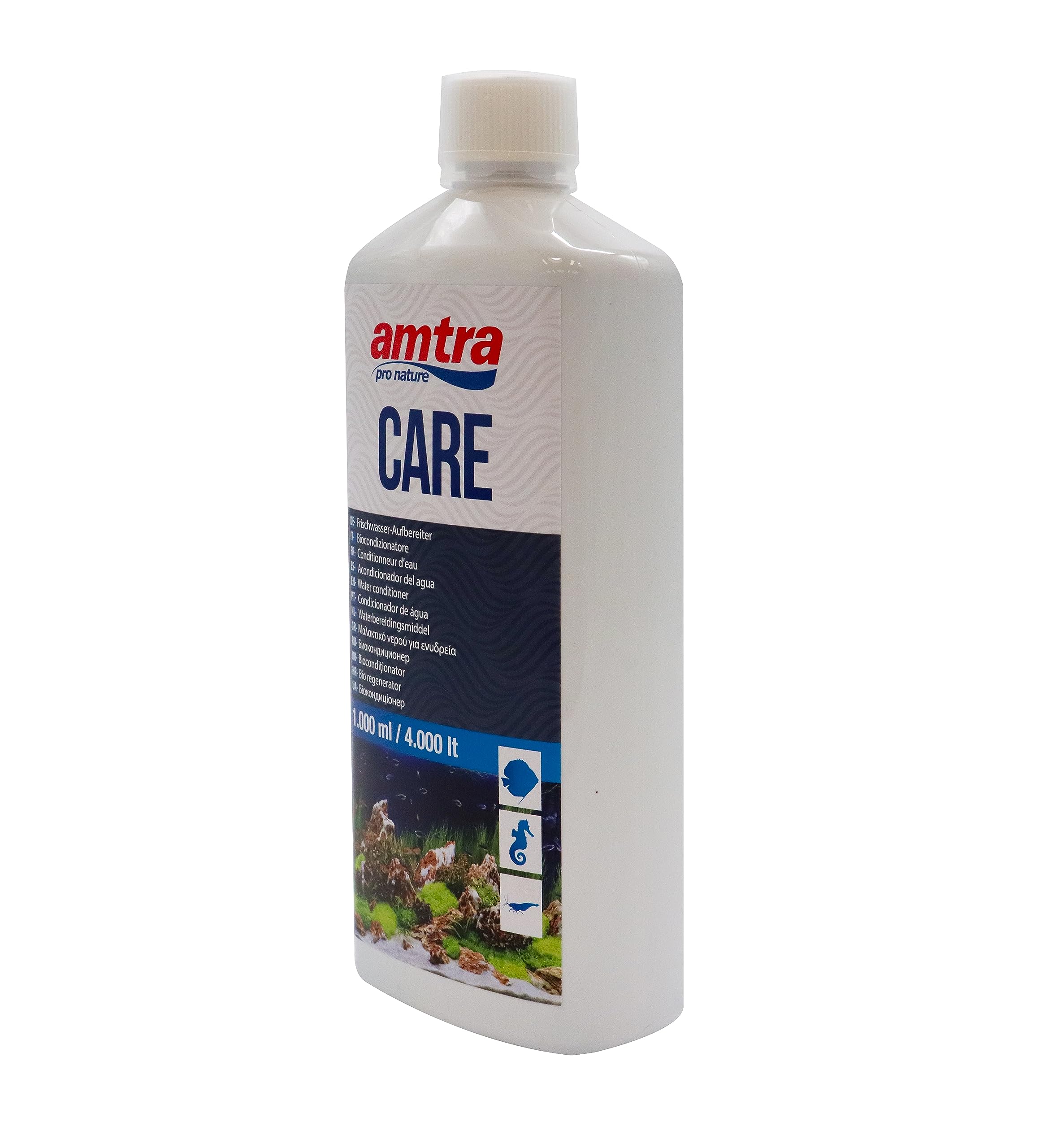 Amtra Care - Biocondizionatore acquario dolce, rende subito sicura l'acqua di rubinetto per i pesci, elimina cloro e metalli pesanti, 1000 ml