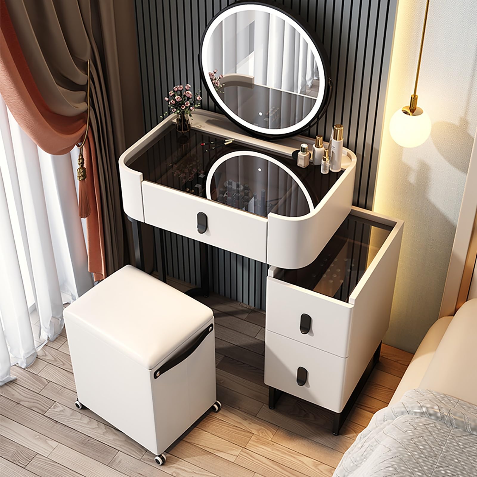 asdchZen White Vanity Desk With Adjustable Brightness Mirror Stylish Wooden Makeup Table For Girls & Women Ideal For Bedroom & Dressing Room Decor.