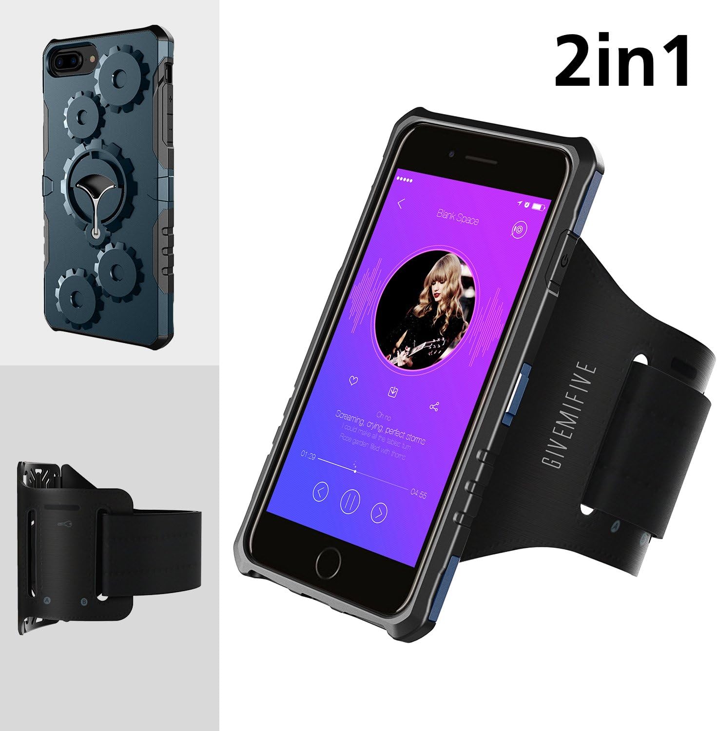 Sport Armband Multifunctional Protection Mobile Phone Case GIVEMIFIVE Easy Plug-in Armband Armor Wheel Gear Case Kickstand for Exercise Running Jogging Arm Girth with Elastic and Breathable Strap with Key Layer for iPhone 6 Plus/6S Plus/7 Plus(Navy Blue)