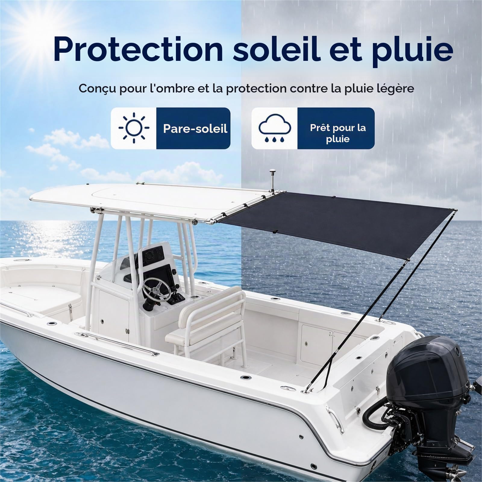 Kit d'extension d'ombrage T-Top,Bimini pour Bateau,Pare-Soleil en T Pours Couverture de Bateau,Imperméable,Protection Soleil,pour la Plupart des Bateaux à Console Centrale
