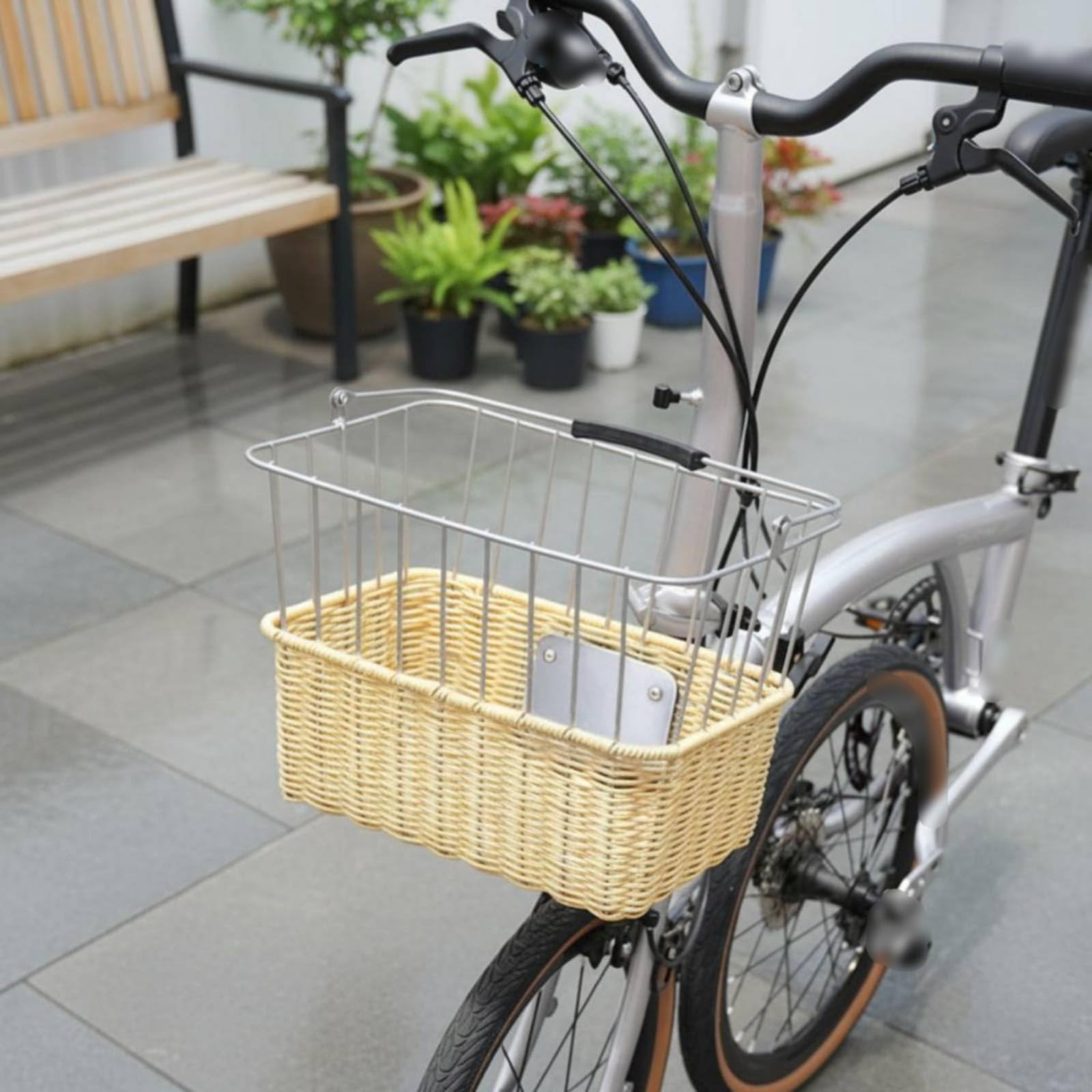 Fahrradkorb Weidenoptik Lenkerkorb Fronttasche Tragekorb mit Schnellverschluss aus PE Geflecht Und Metall Gestell für, Beige, Fixed Base