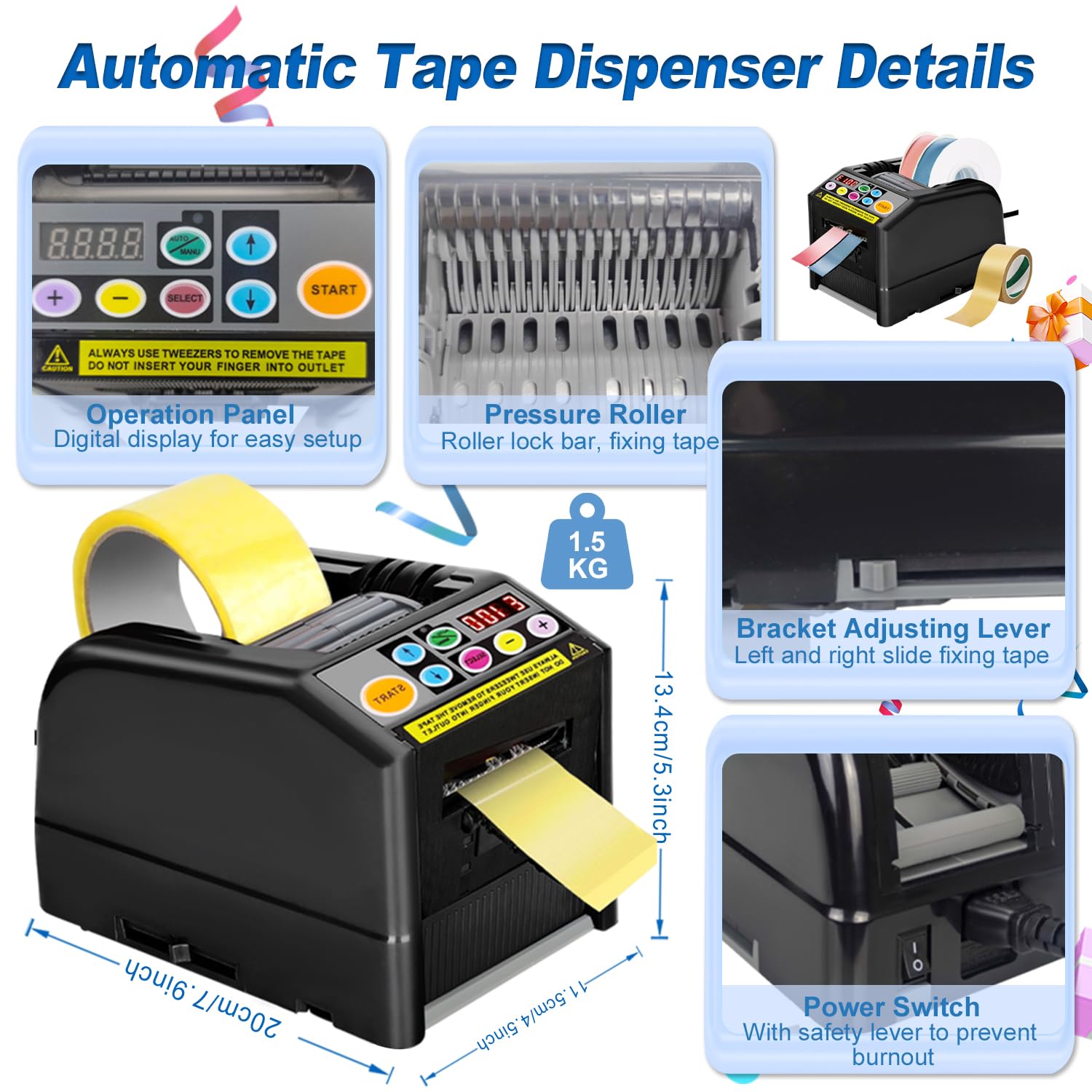 Distributore automatico di nastro, macchina da taglio manuale e automatica, macchina da taglio elettrica per nastro da imballaggio, larghezza 6-60 mm, lunghezza massima 999 mm, per ufficio, magazzino