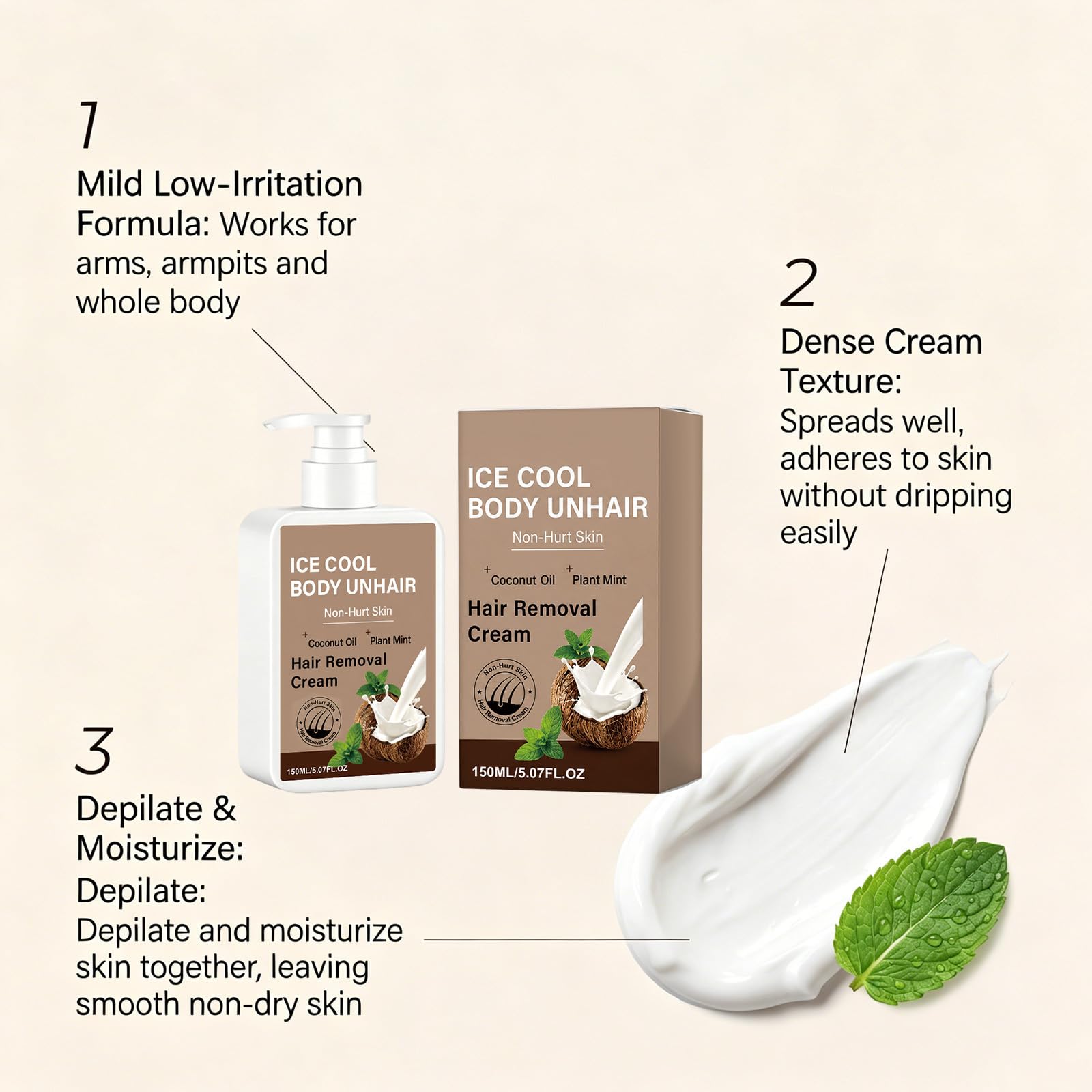 Crema depilatoria corpo "Ice Cool" 150 ml, crema delicata al cocco e menta (3Pezzo)