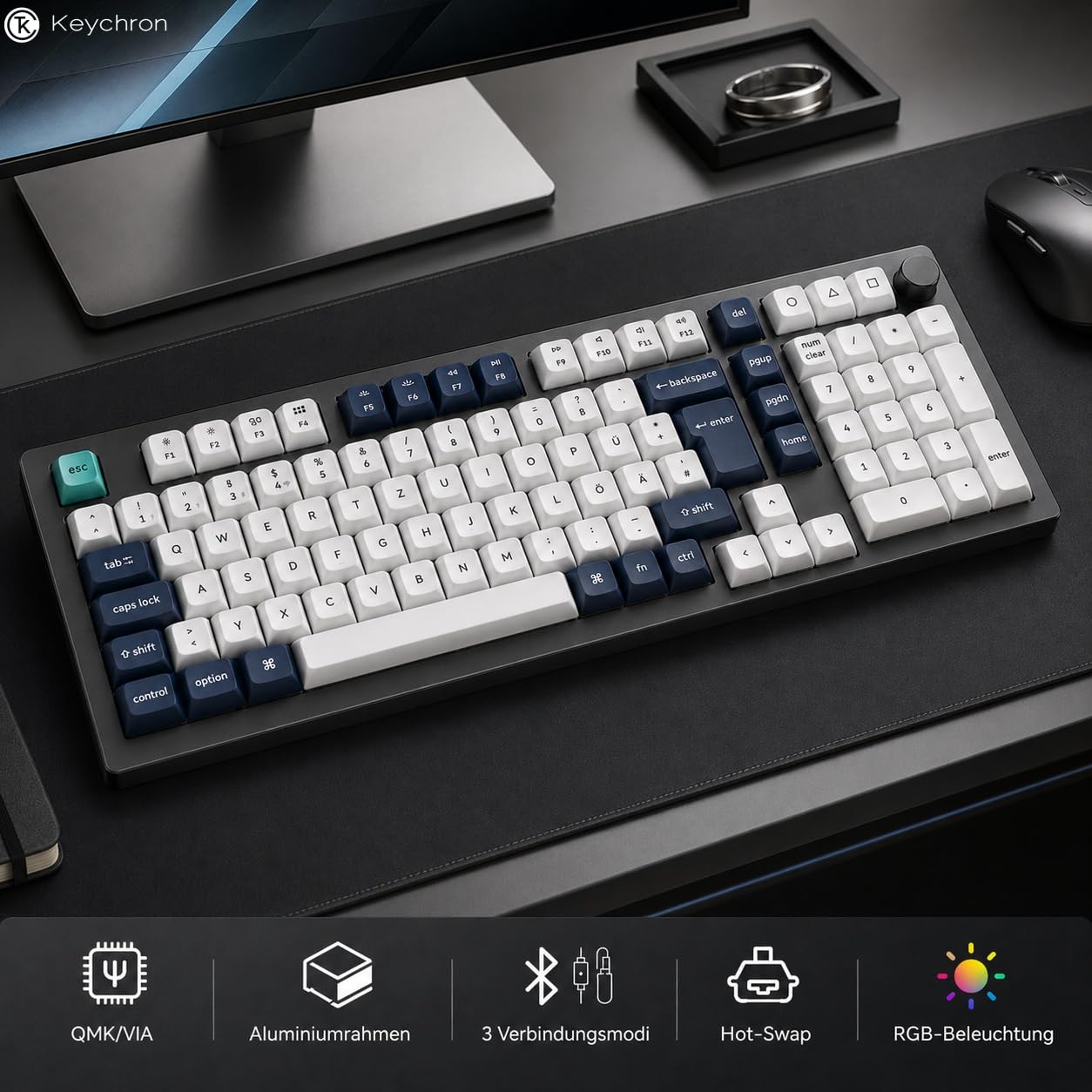 Keychron Q5 Max Kabellose Mechanische Tastatur,2.4 GHz Bluetooth QMK Voll-Aluminium 96% DE-ISO Layout RGB Hot-swappable Gateron Brauner Switch Für Mac Windows Linux