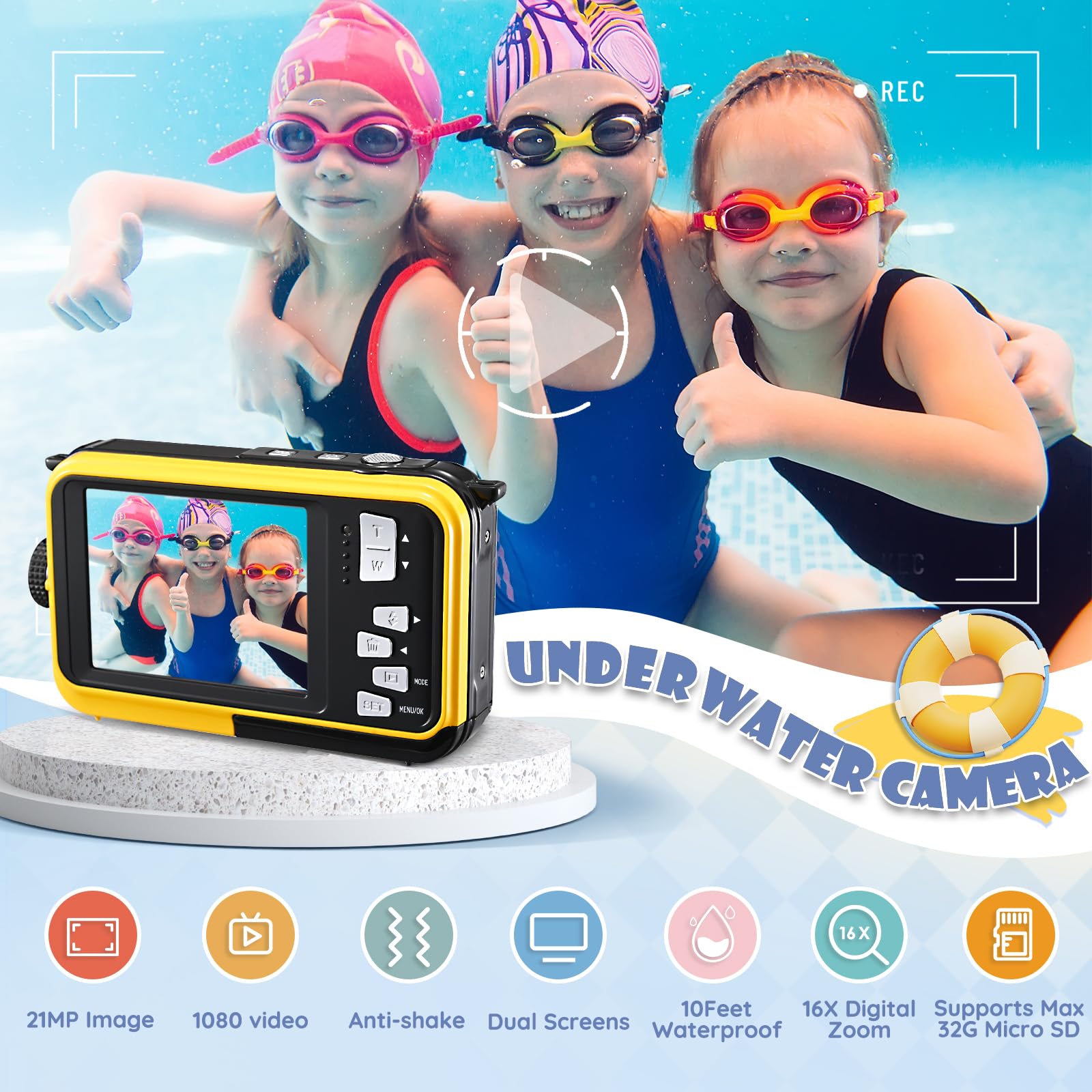 Fotocamera Digitale Impermeabile,Couleeur Macchina Fotografica Subacquea Full HD 2.7K 48MP Doppio Schermo Anti-Shake con Microfono LED Autoscatto e Zoom Digitale 16X per Bambini Adolescenti(Giallo)