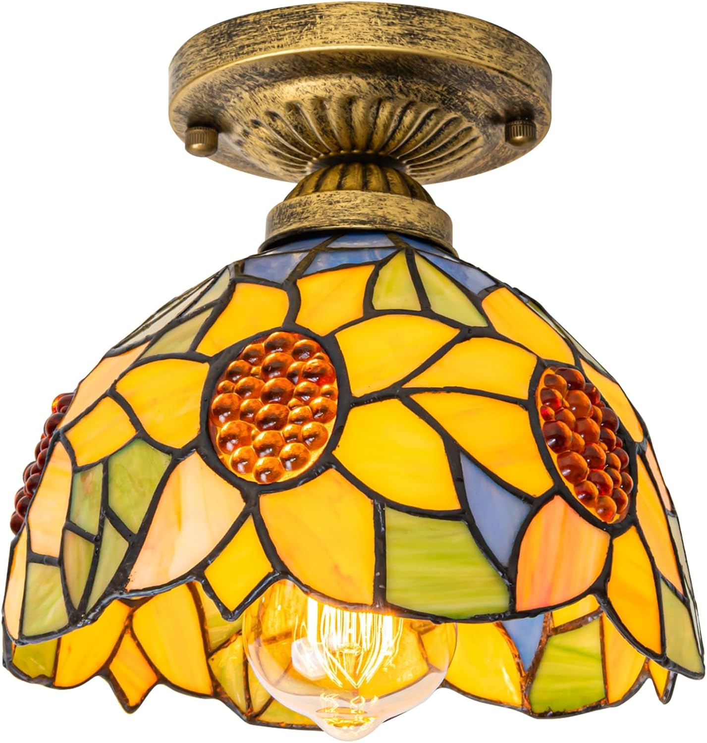 ANYE Ceiling Light E26 Lamp Socket Blue Glass Sunflowers Lampshade Ceiling Lighting Handmade Light Fixtures Antique Decor for Hallway Bedroom Restaurant Bulb Not Included