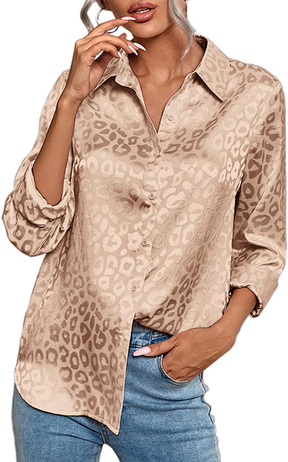 Women V Neck Long Sleeve Button Down Satin Office Dress Shirt Leopard High Low Hem Button Work Blouse - Image 2