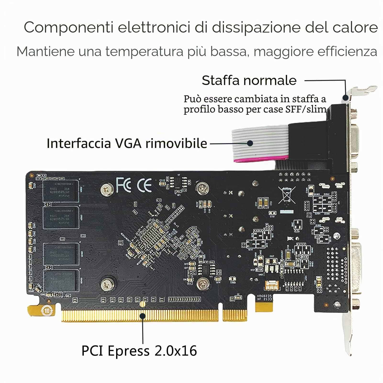 QTHREE Radeon HD 5450 Scheda Video, 2GB GDDR3 64-bit, DVI HDMI VGA, Scheda Grafica Basso Profilo per PC, GPU, PCI Express x16, DirectX 11, Supporto 2 monitor