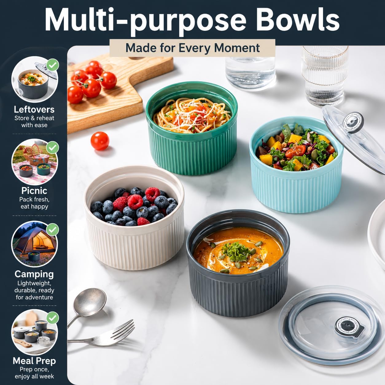 20 oz Ceramic Bowls with Lids, Airtight Food Storage Containers, Microwave Safe Soup Salad Cereal Bowls, Oven Safe Ceramic Meal Prep Bowls for Leftovers, Office Lunch, Picnic, Camping, Set of 4