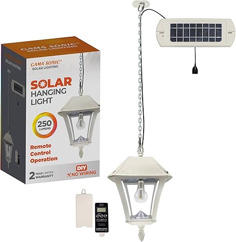 Gama Sonic Luz solar colgante para pérgola Trellis Gazebo, colgante de lámpara solar para exteriores, resina blanca, bombilla Baytown II, cadena
