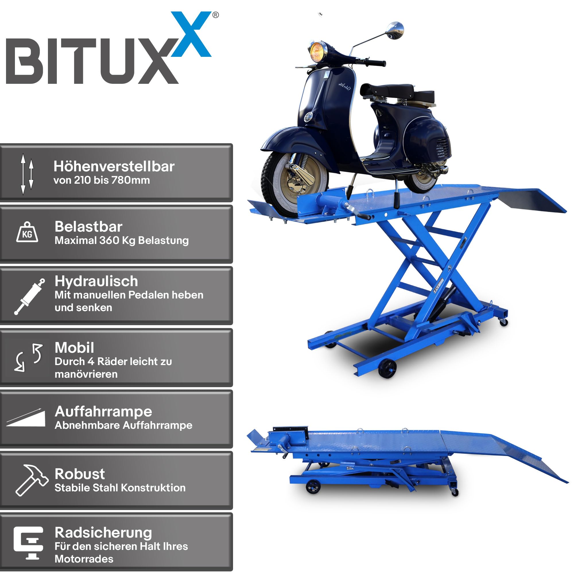 Bituxx Motorrad Scheren Hebebühne Motorradheber Motorradbühne Lift Hydraulisch mit Fußpumpe, 360 kg Belastbar, Werkstattbühne mit Radsicherung und Auffahrrampe