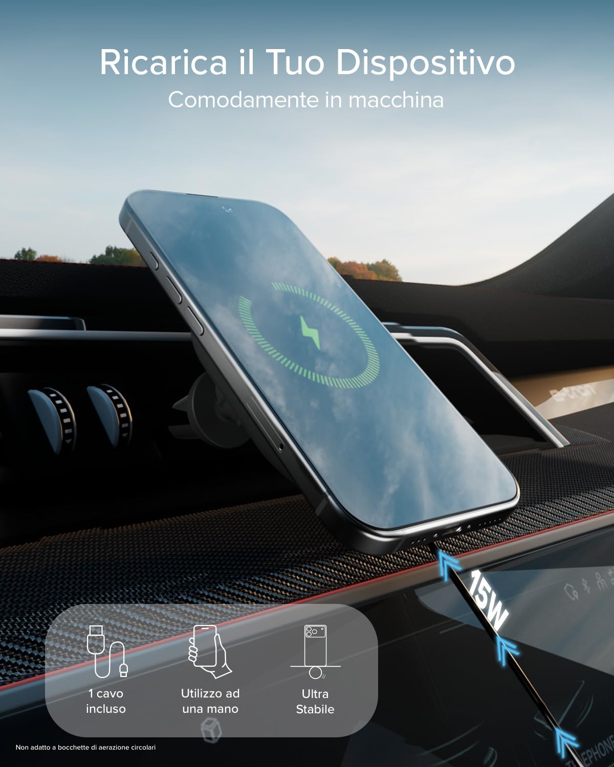 SBS Qi2 15W Caricatore Wireless MagSafe, Porta Cellulare Auto Magnetico, Attacco Bocchetta dell'Aria, Ricarica Rapida, Alimentazione USB-C, Caricabatterie per iPhone, Android, Nero | Attacco Bocchetta dell'Aria, Ricarica Rapida, Alimentazione USB-C, Caric