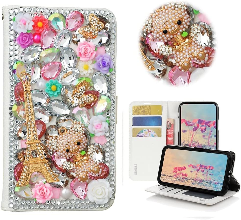 STENES Bling Wallet Phone Case Compatible with LG Stylo 6 - Stylish - 3D Handmade Eiffel Tower Butterfly Bear Leather Cover with Screen Protector & Neck Strap Lanyard - Pink