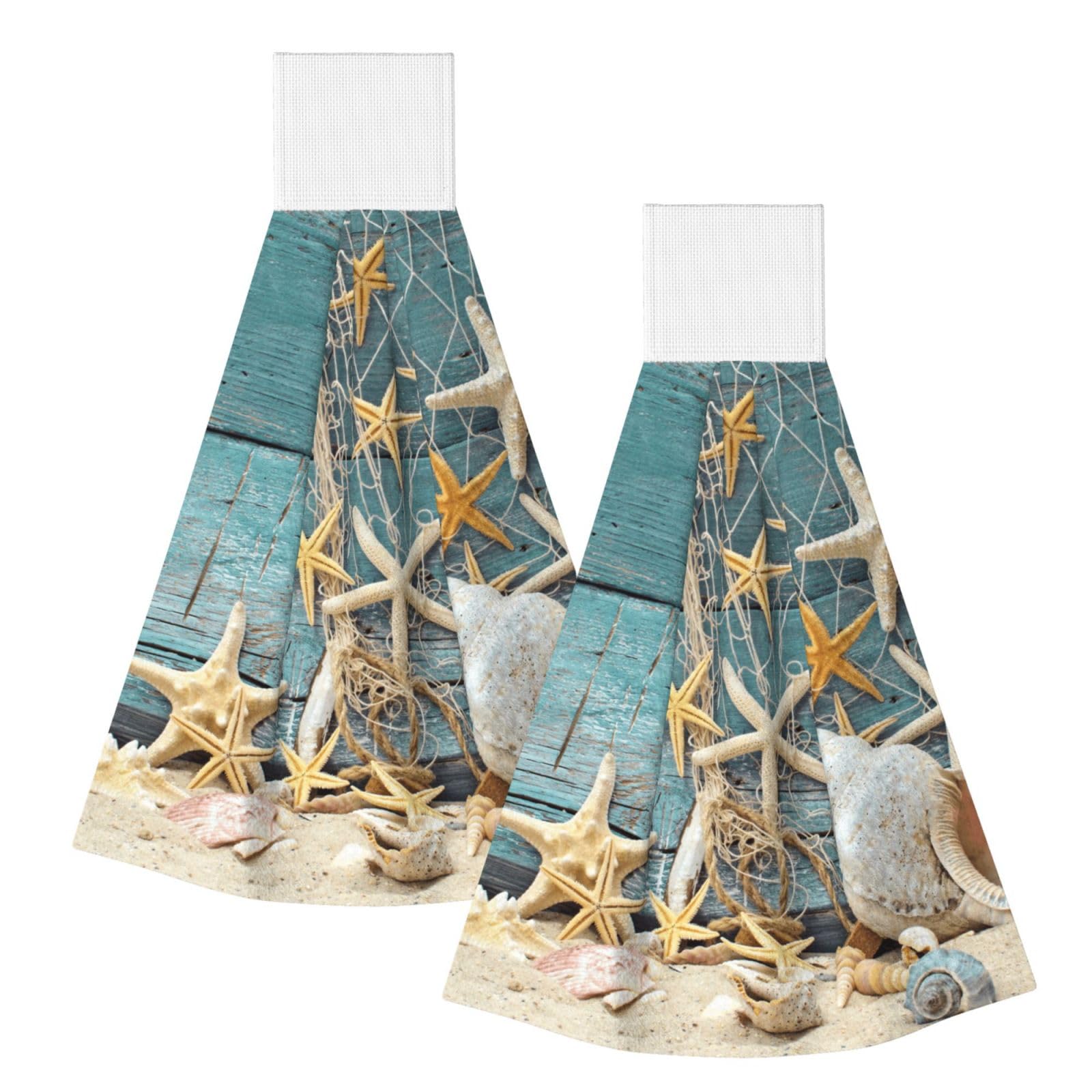 DOPKLNA Sea Beach Starfish On Fishing Net, 2 Pcs Hanging Coral Fiber Hand Towels for Bathroom, Absorbent Kitchen Towels