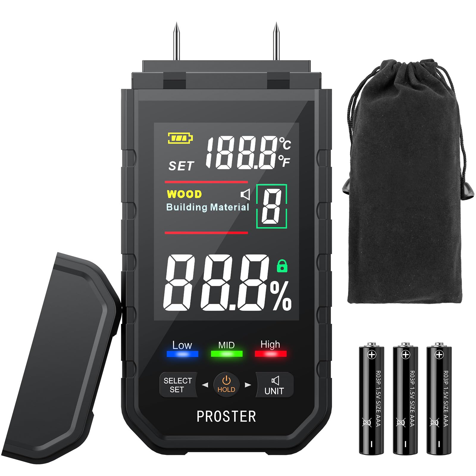 Proster Moisture Meter for Walls - Log Moisture Meter with LCD Screen Visual and Audible Alarm Pin Wood Damp Detector with 10 Calibration Scales for Wood Building Material with Carry Pouch