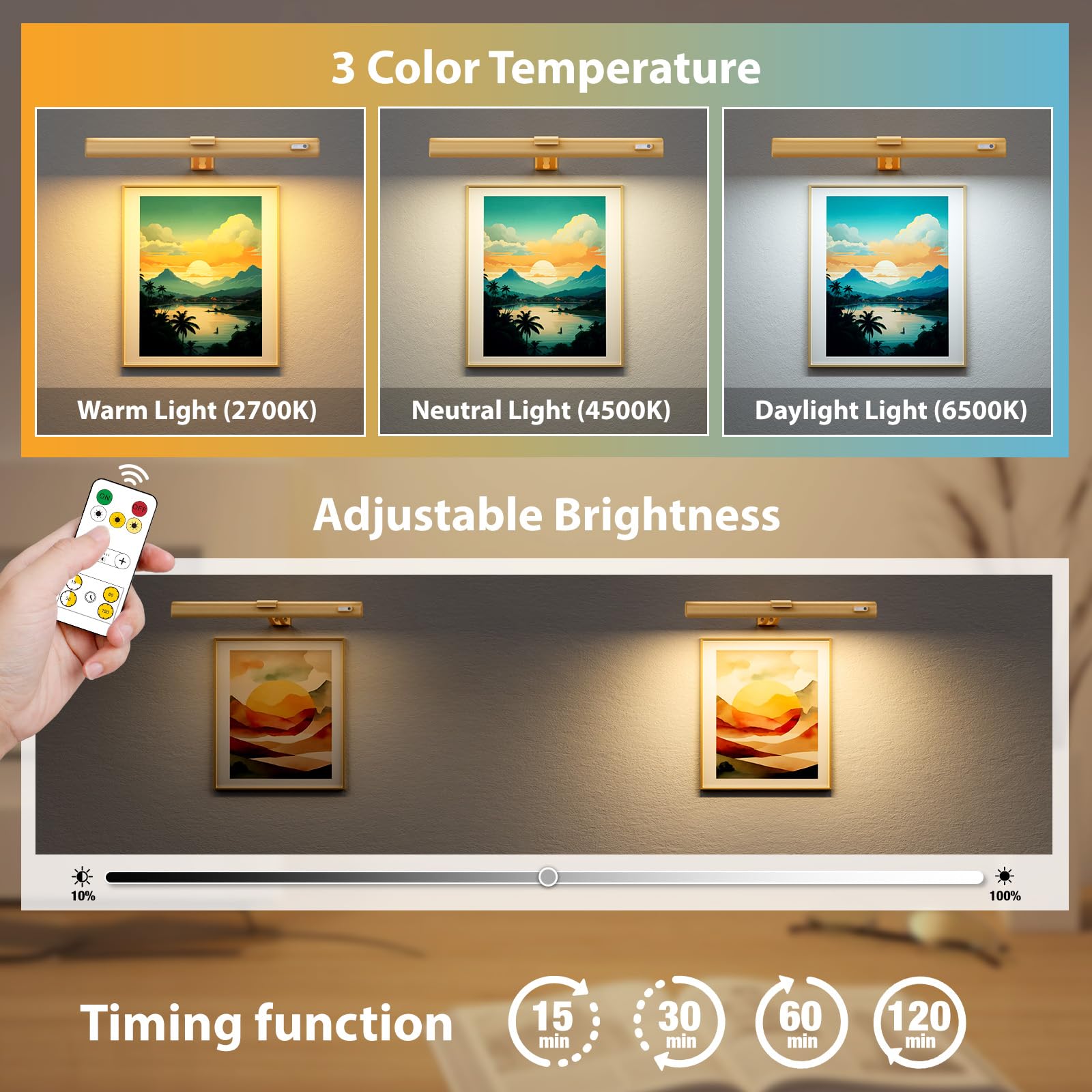 Olafus Picture Light Battery Operated, 15in Rechargeable Wall Light, 3 Colors and Brightness Dimmable Art Gallery Light with Timer for Painting, Artwork, Gallery, Dartboard, Portrait, Gold
