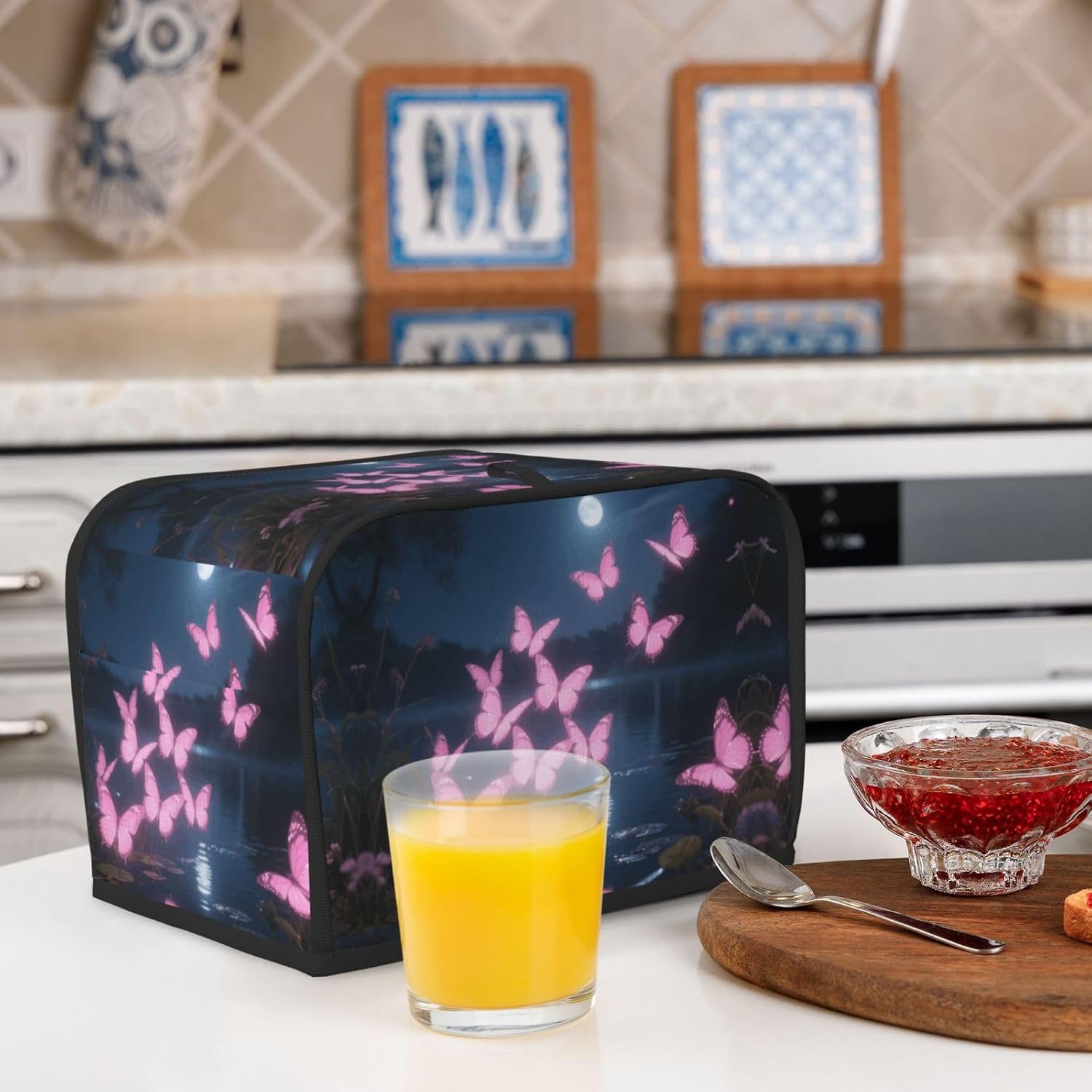 Glowing Night Pink Butterflies Toaster Cover 2 Slice, Waterproof Bread Machine Covers with Pockets Universal Size Kitchen Small Appliance Cover with Handle, Dust and Fingerprint Protection