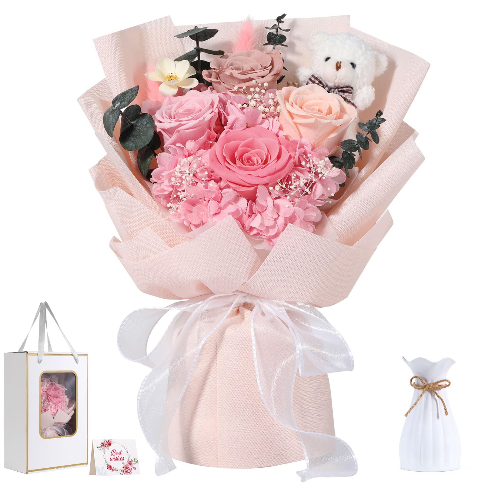 Emibele Fleurs Pour Livraison Prime Bouquets Fleurs Préservées Avec Ours | 4 Roses Roses Éternelles, Cadeaux pour Saint-Valentin, Fête Mères, Anniversaire, Diplôme – Pour Elle, Copine, Femme, Maman