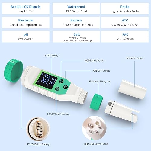 Miniatura 8 de Probador de sal de piscina, probador digital de salinidad para piscina de agua salada, medidor de sal ORP de pH 7 en 1 para piscinas, acuario,
