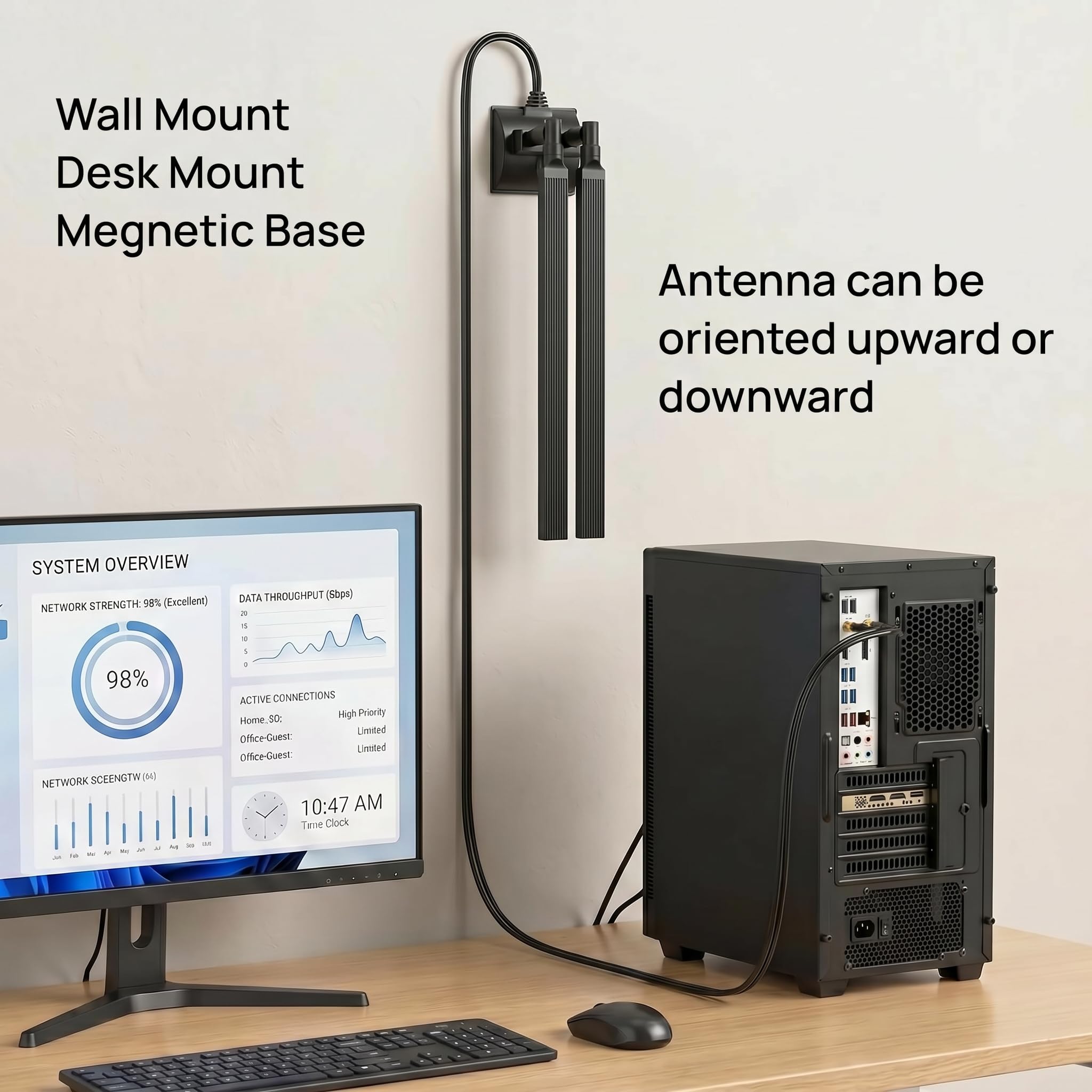 TECHTOO Antena WiFi de 12 dBi de doble banda 2.4 GHz 5 GHz RP-SMA Antenas WiFi con base magnética y cable de extensión de 4 pies para PC de escritorio, PCI, Bluetooth, tarjeta de red inalámbrica