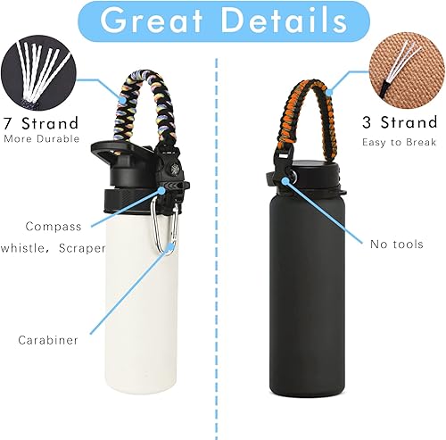 Vista 13 de Paracord Handle for Hydro Flask Water Bottles Standard/Wide Mouth, Strap Holder with Safety Rubber Ring & Carabiner, Easy to Carry and Durable