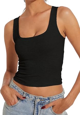 AnotherChill Womens Ribbed Crop Tank Tops Scoop Neck High Back Basic Sleeveless Rib Shirt Summer Athletic Top