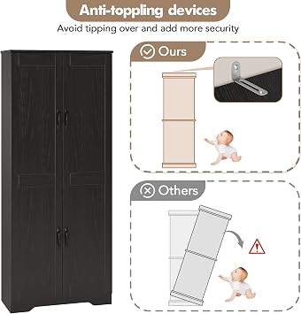 Tall Kitchen Cupboard, 4 Tiers Pantry Storage Cabinet with Adjustable Shelves, 2 Doors & Anti-tipping Kits, Modern Freestanding Wooden Sideboard Unit for Dining Living Room 60 x 30 x 152 cm Black